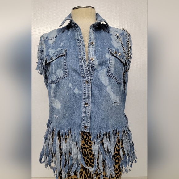 Motley Crue Fringed Denim Jean Shirt Vest  Upcycled Rock Couture - Picture 11 of 12